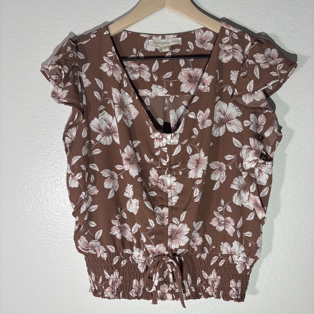 Monteau Los Angeles Blouse Womens XL Brown Floral Smocked Waist Flutter Sleeves